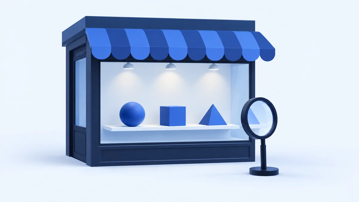 Goods remain inside a shop window, with a viewing lens outside.